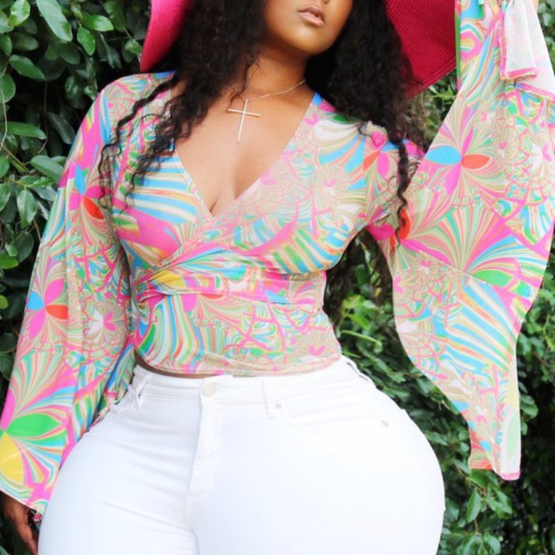

Lovely Bohemian V Neck Print Multicolor Plus Size Blouse, Multi