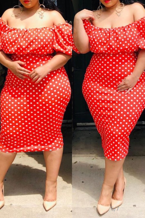 

Lovely Trendy Dot Print Red Knee Length Plus Size Dress