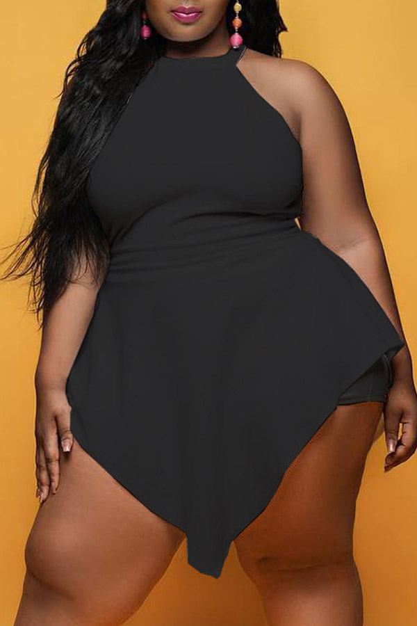 

Lovely Trendy Asymmetrical Black Plus Size One-piece Romper