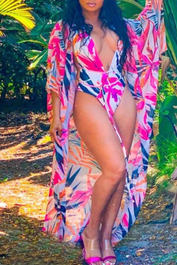 

LW V Neck Mixed Print One-piece Swimsuit (With Cover-up), Multi
