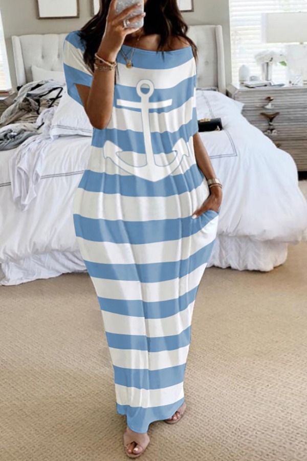

Lovely Stylish Striped Print Baby Blue Ankle Length Plus Size Dress