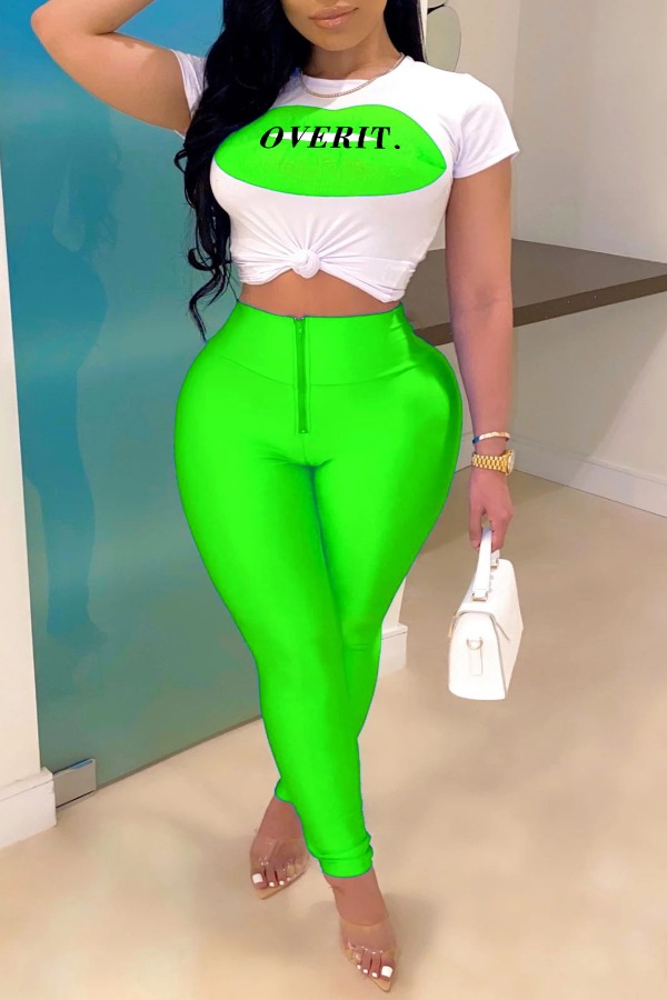 

Lovely Stylish Letter Print Green Plus Size Two-piece Pants Set