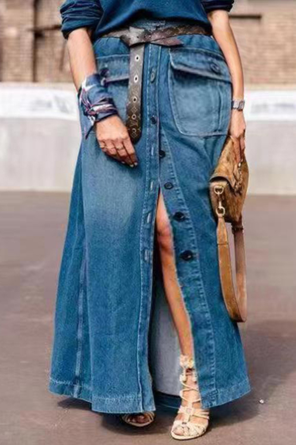 

Lovely Trendy Buttons Design Deep Blue Plus Size Jeans