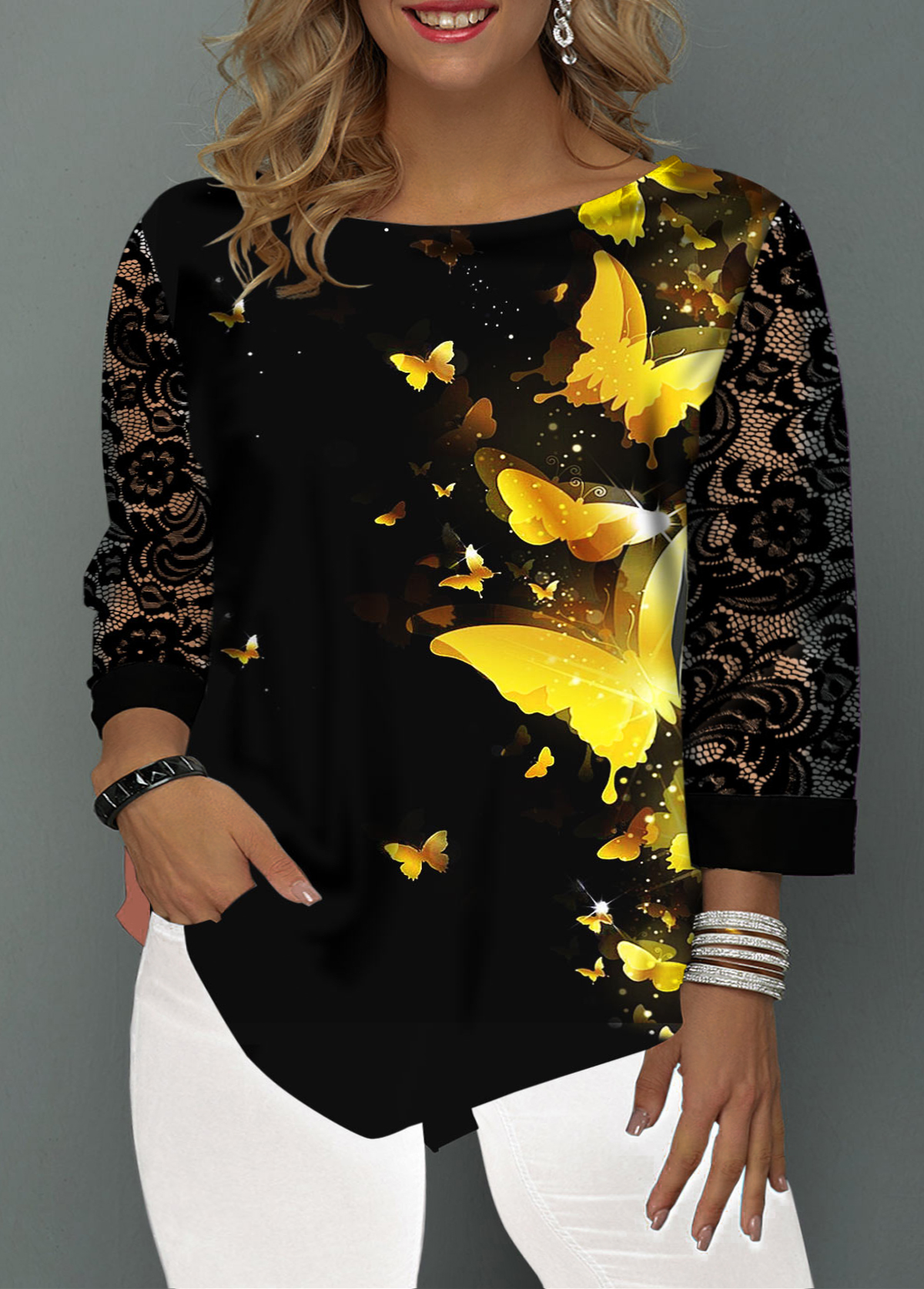 

Lovely Casual O Neck Patchwork Yellow Plus Size Blouse