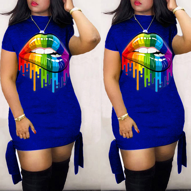 

Lovely Casual Lip Print Blue Mini Dress