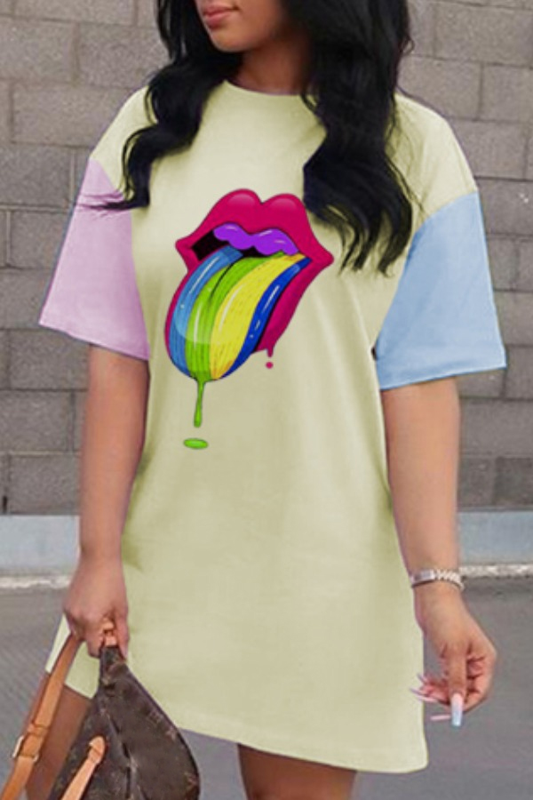 

Lovely Casual Lip Print Yellow Knee Length Dress