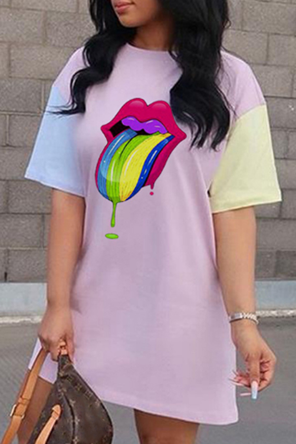 

Lovely Casual Lip Print Pink Knee Length Dress