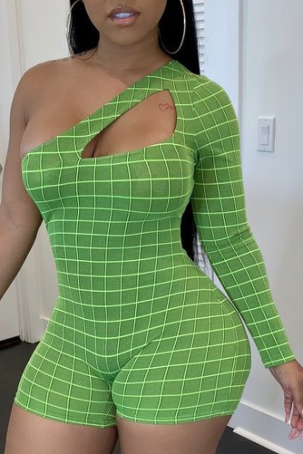 

Lovely Trendy One Shoulder Grid Green One-piece Romper