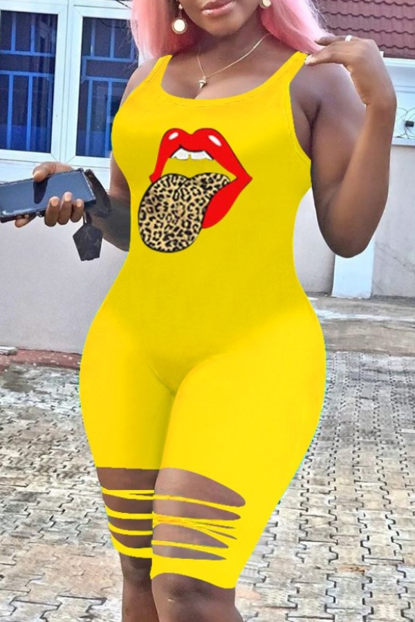 

Lovely Stylish Lip Print Yellow Plus Size One-piece Romper