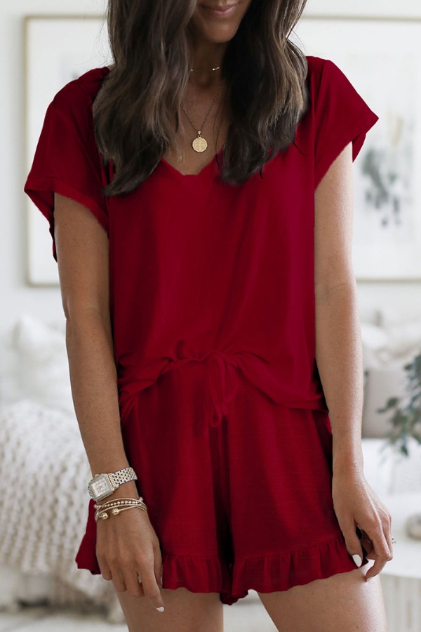 

Lovely Sweet Flounce Design Red Loungewear