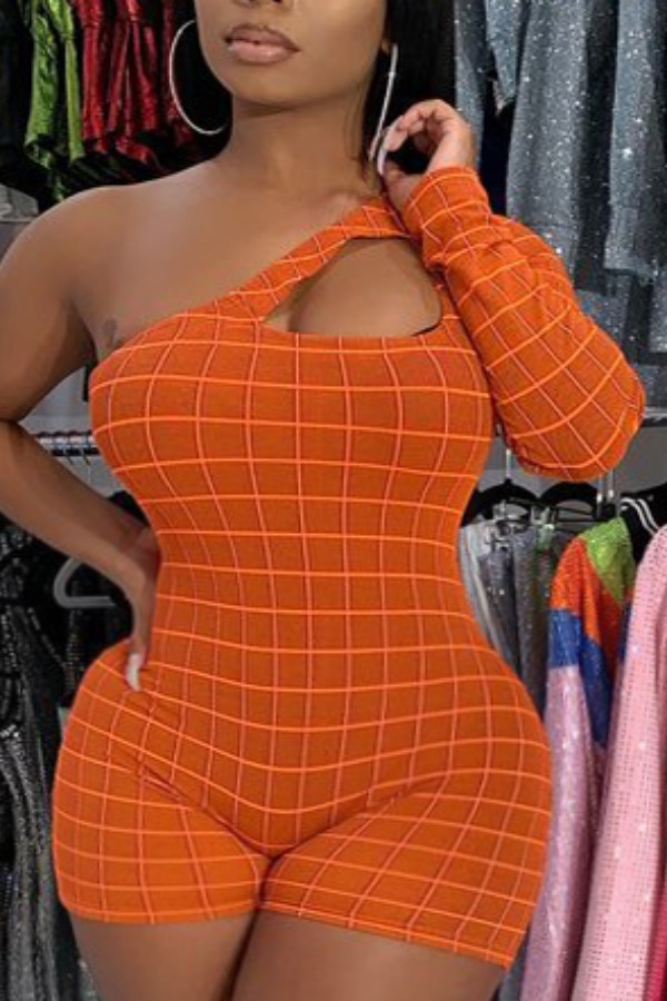 

Lovely Trendy One Shoulder Grid Orange Plus Size Two-piece Shorts Set