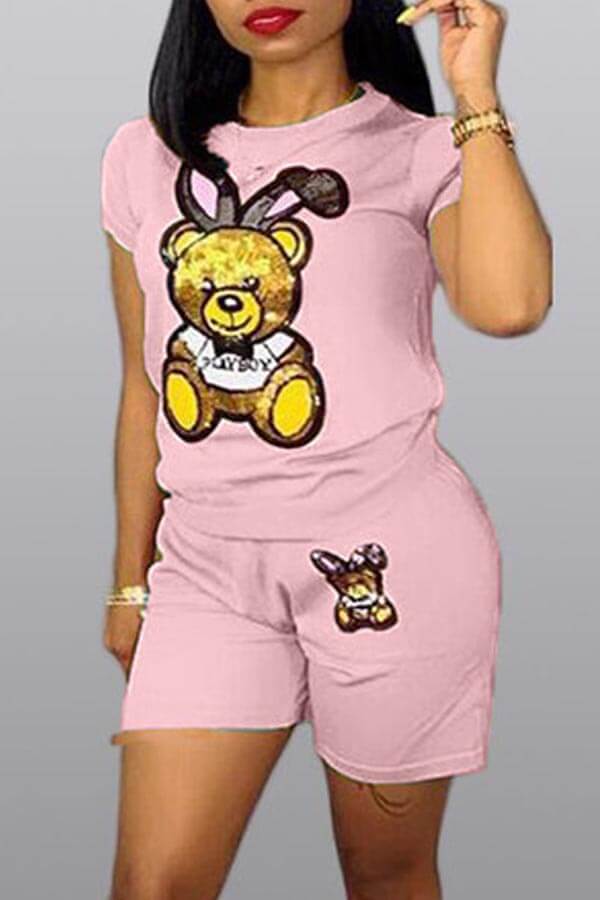 

LW Casual Cartoon Print Pink Two-piece Shorts Set