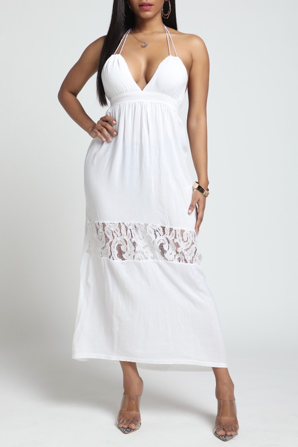 

Lovely Trendy Patchwork White Ankle Length Dress