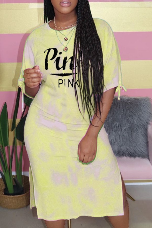 

Lovely Leisure Letter Print Yellow Mid Calf Dress