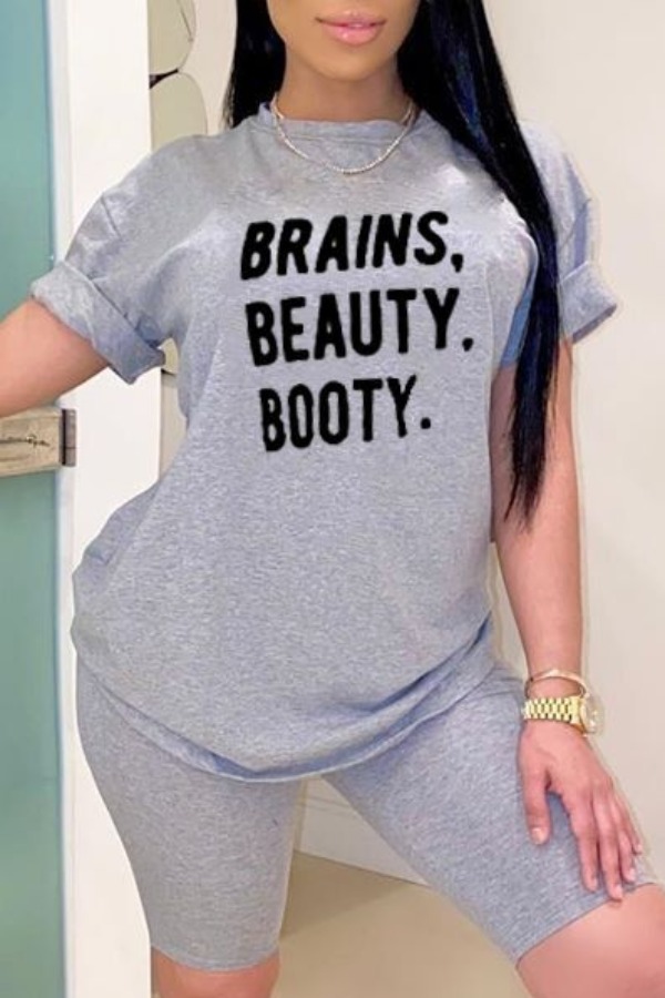 

LW Casual Letter Print Grey Two-piece Shorts Set