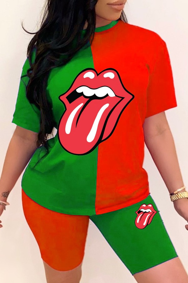

Lovely Casual Lip Print Green Two-piece Shorts Set