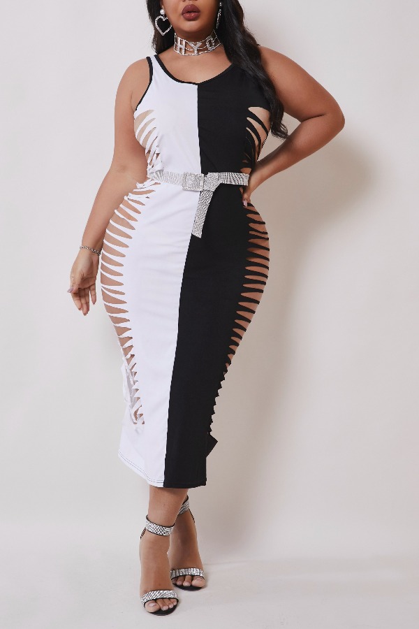 

Lovely Sexy Patchwork Hollow-out Black And White Mid Calf Dress