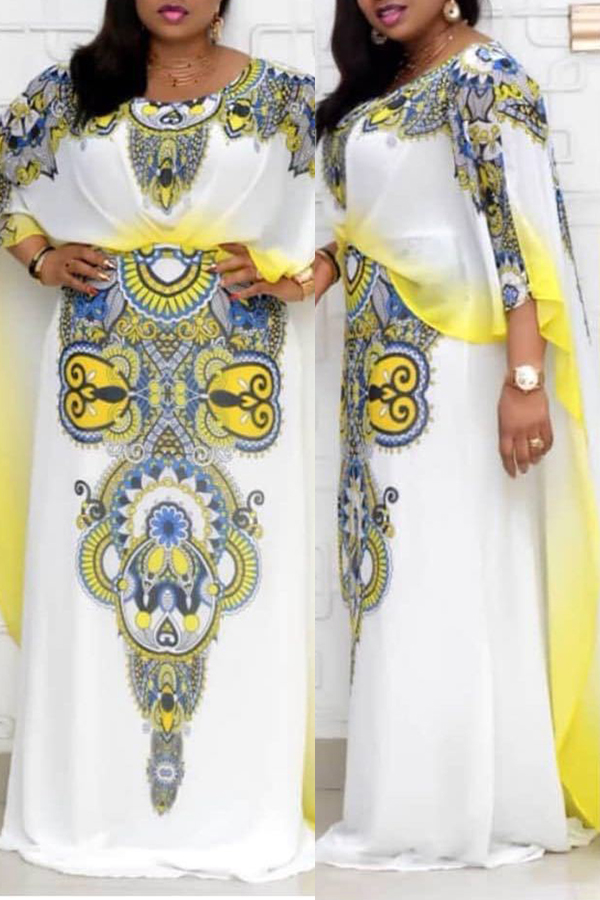 

Lovely Stylish Print Yellow Maxi Plus Size Dress