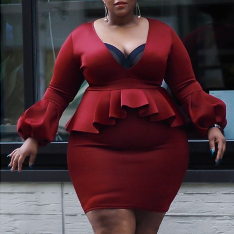 

Lovely Stylish Flounce Design Wine Red Knee Lengt Plus Size Dress