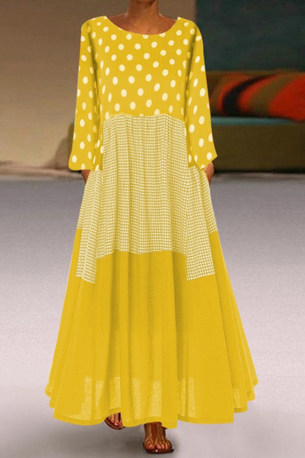 

Lovely Casual Patchwork Yellow Ankle Length Plus Size Dress