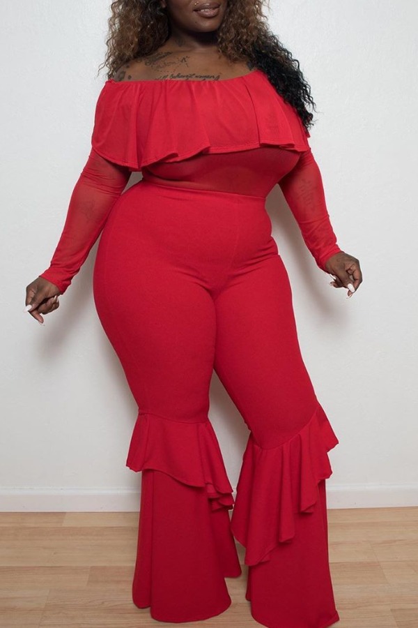 

Lovely Trendy Flounce Design Red Plus Size One-piece Jumpsuit