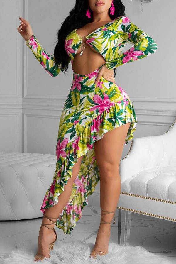 

Lovely Trendy Plants Print Green Ankle Length Dress