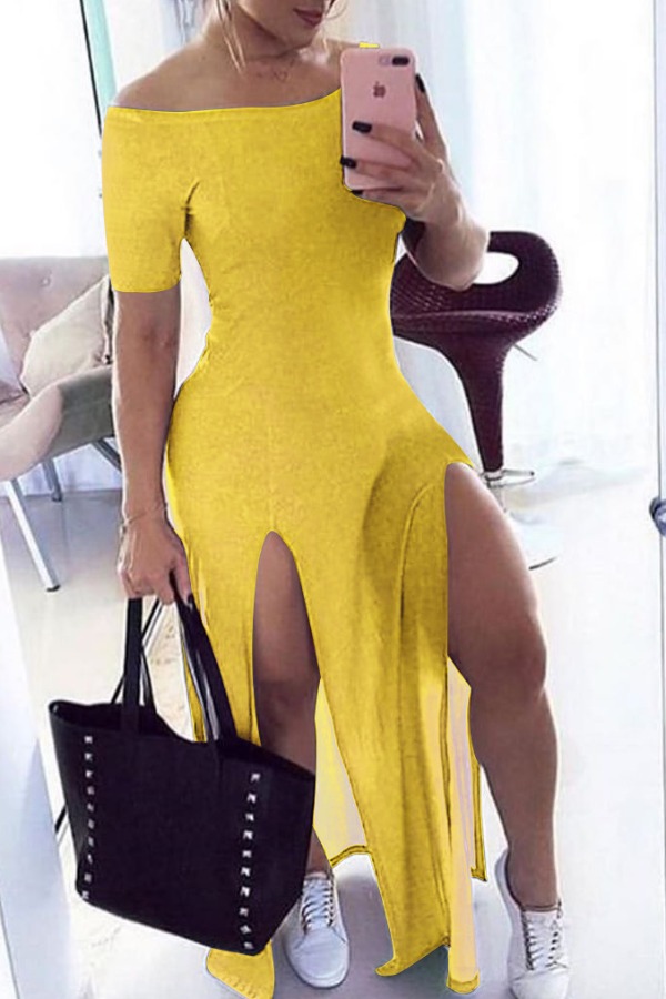 

LW COTTON Stylish Side High Slit Yellow Maxi Dress