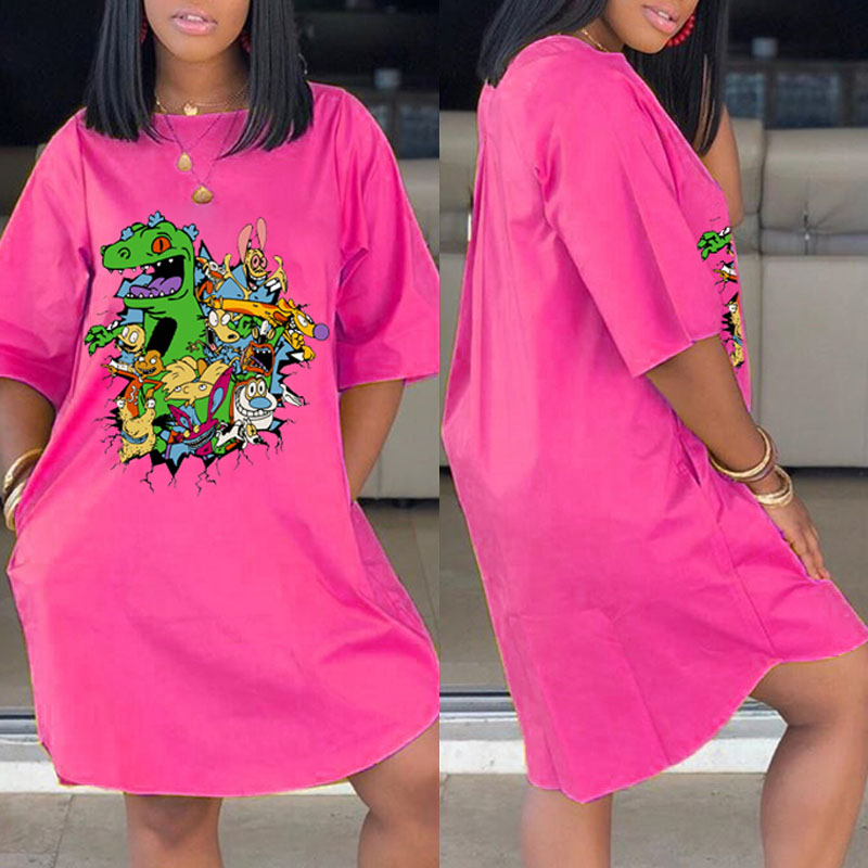 

Lovely Casual Cartoon Print Rose Red Knee Length Dress