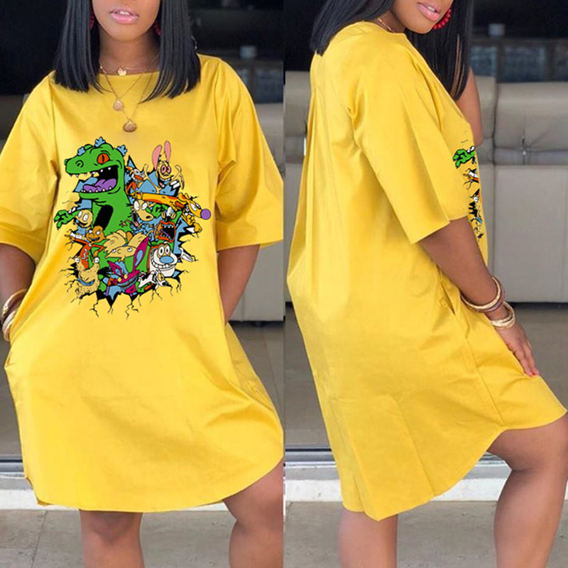 

Lovely Casual Cartoon Print Yellow Knee Length Dress