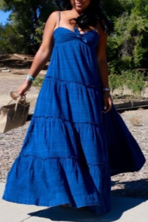 

Lovely Casual Fold Design Blue Maxi Dress