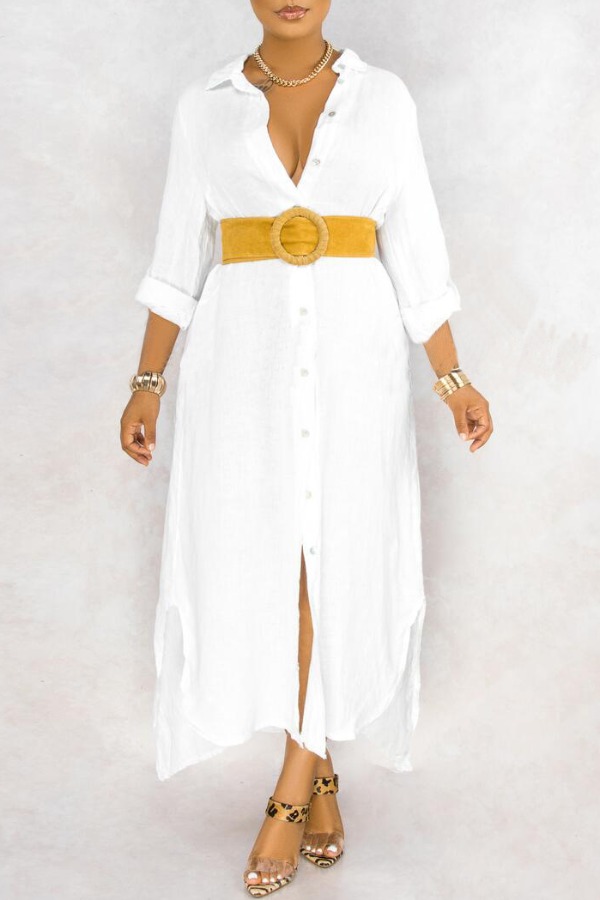 

Lovely Trendy Buttons Design White Ankle Length Dress