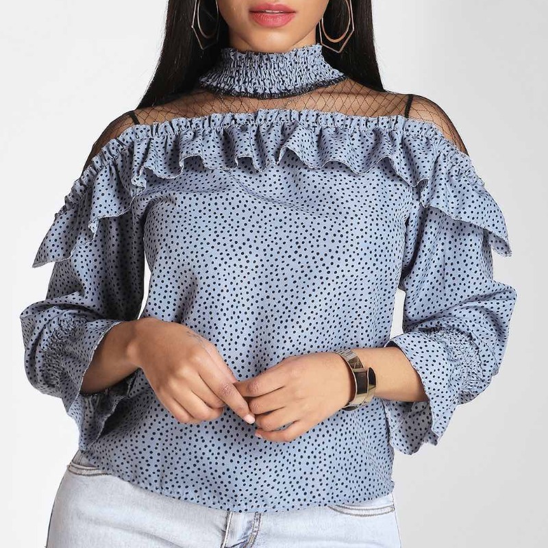 

Lovely Sweet Dot Print Blue Blouse, Blue dot