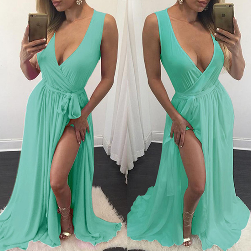 

Lovely Trendy Deep V Neck Light Green Maxi Dress