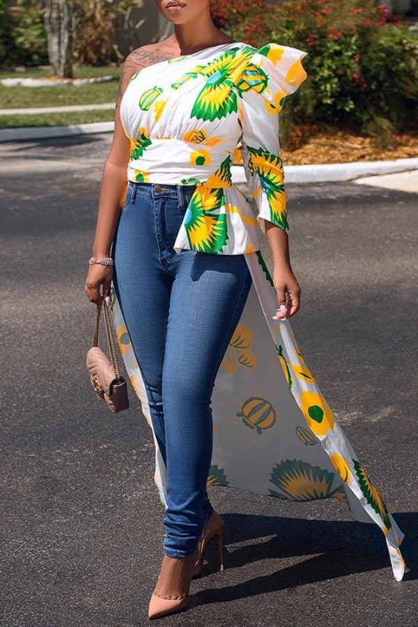 

Lovely Trendy One Shoulder Print White Blouse