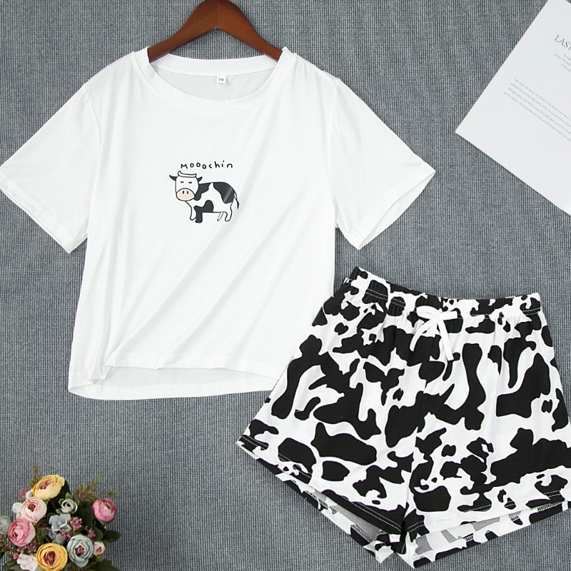 

Lovely Sweet O Neck Print Black Sleepwear
