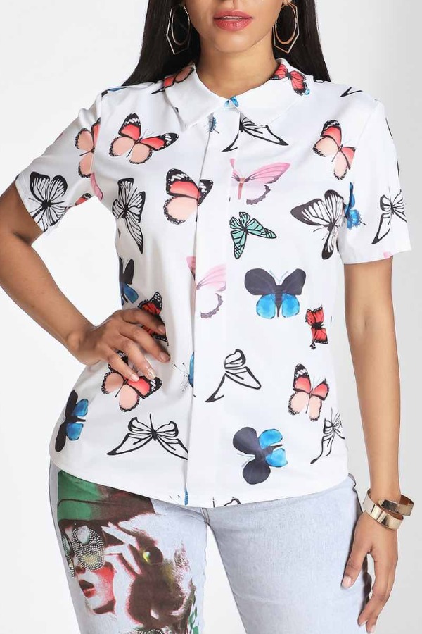 

Lovely Leisure Butterfly Print White Blouse