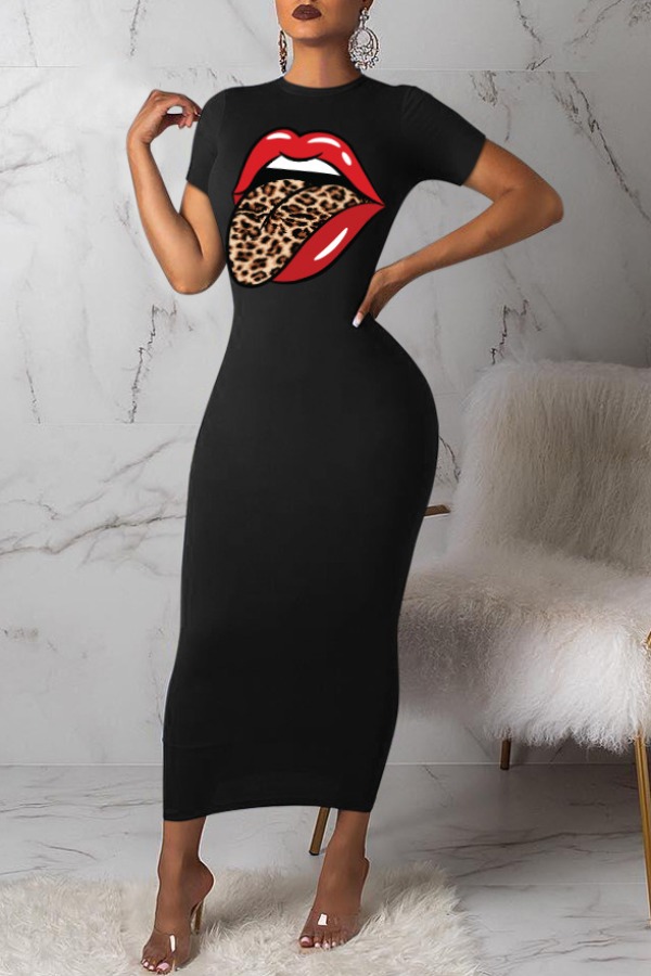 

Lovely Casual Lip Print Black Ankle Length Dress
