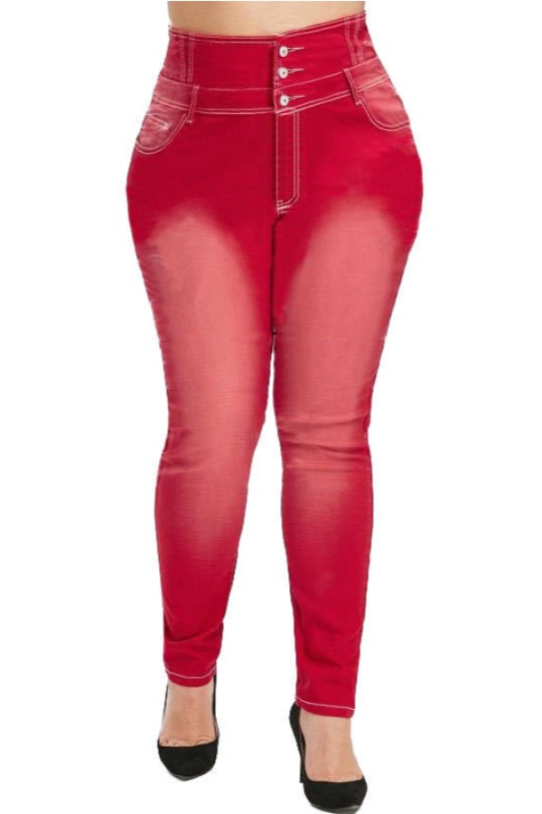 

Lovely Casual Buttons Design Red Plus Size Jeans