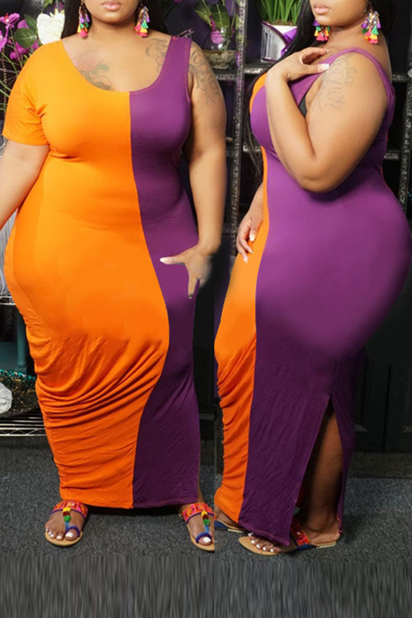 

Lovely Casual Patchwork Purple Ankle Length Plus Size Dress