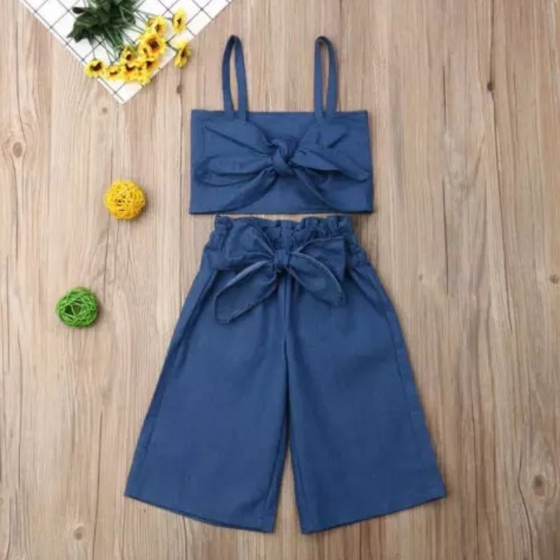 

Lovely Stylish Bow-Tie Deep Blue Girl Two-piece Pants Set