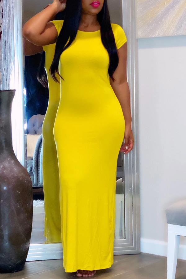 

Lovely Casual O Neck Basic Yellow Ankle Length Dress