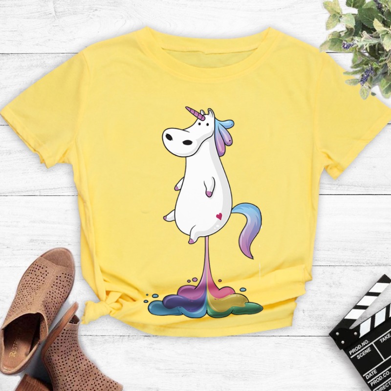 

Lovely Leisure O Neck Cartoon Print Yellow T-shirt