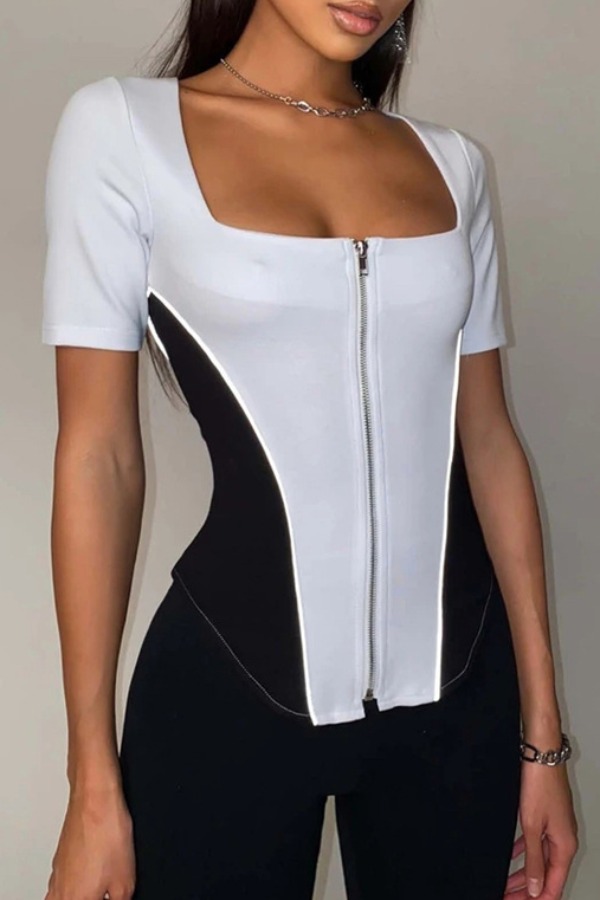 

Lovely Sportswear Patchwork White Blouse