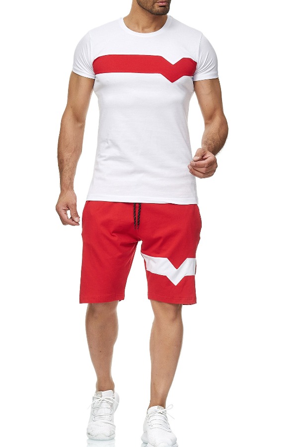 

Lovely Sportswear Patchwork Red Two-piece Shorts Set
