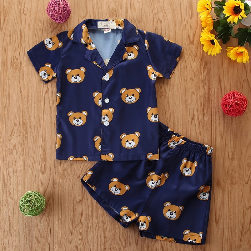 

Lovely Stylish Cartoon Print Blue Boy Two-piece Shorts Set