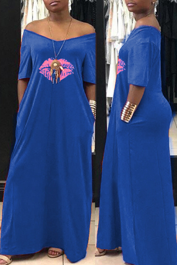 

Lovely Leisure Lip Print Blue Maxi Dress