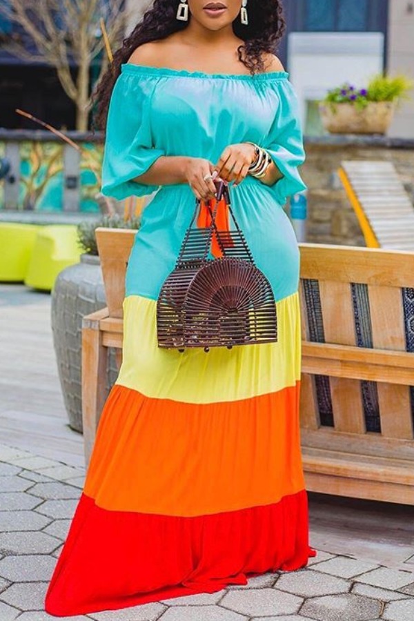 

Lovely Bohemian Color-lump Patchwork Multicolor Maxi Dress, Multi