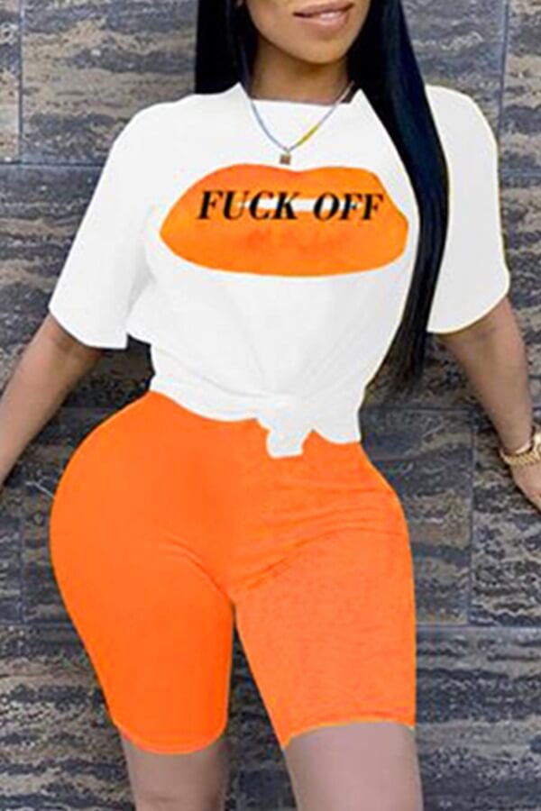 

Lovely Casual Lip Print Orange Two-piece Shorts Set