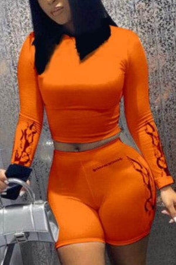 

LW Round Neck Print Skinny Shorts Set, Orange