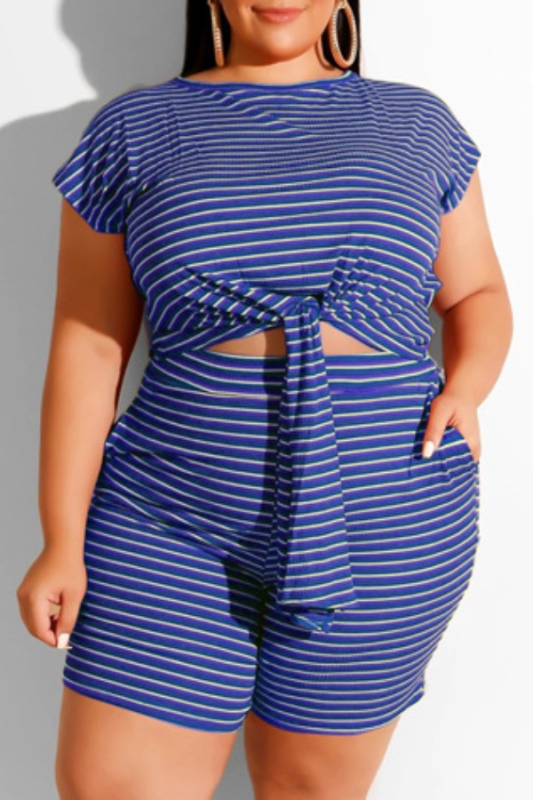 

Lovely Leisure Striped Blue Plus Size Two-piece Shorts Set